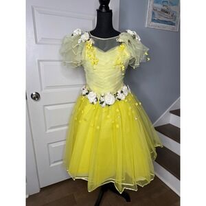 VTG 50s Tulle Gown Prom Dress Yellow Cupcake Illusion Neckline Cotillion XS